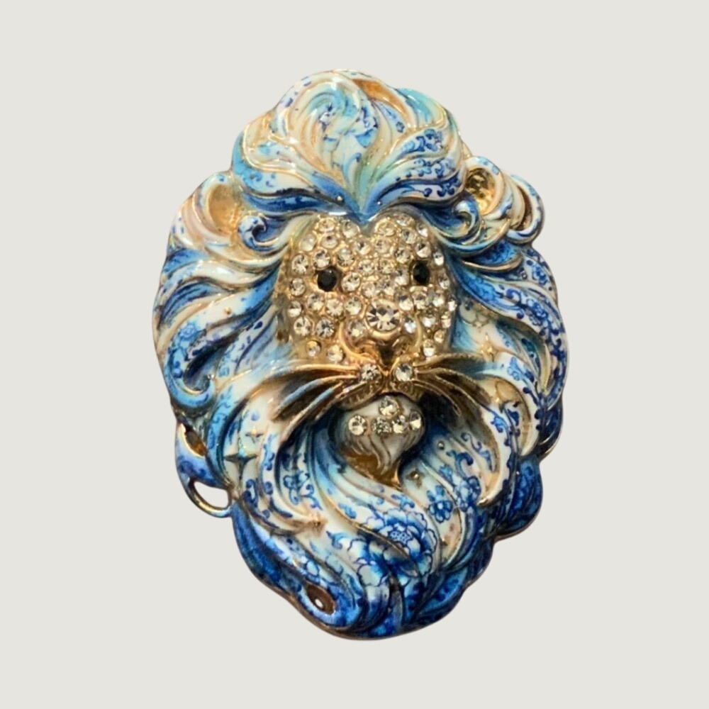 Vintage Blue White Enamel Lion Head Brooch Rhinestone Gold Tone Zodiac Leo